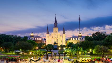 Dusk falls over Jackson Square and St. Louis Cathedral