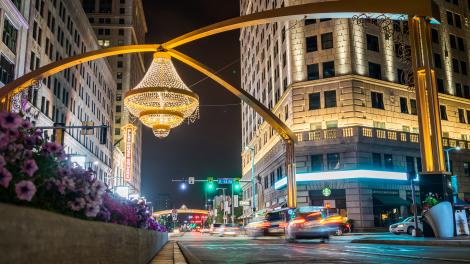 Ornate chandelier hanging above Euclid Avenue in Playhouse Square downtown