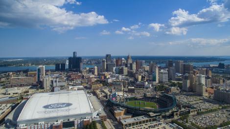 Aerial view of the vibrant downtown skyline