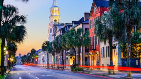 Colorful buildings line historic streets in Charleston, South Carolina