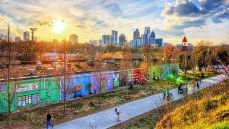 The sun sets over the Beltline in Atlanta, Georgia