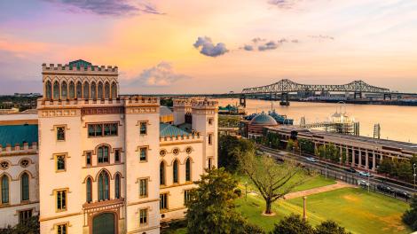 The Old State Capitol and Riverfront Plaza at sunset 