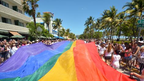 A massive rainbow flag during a Miami Beach, Florida, Pride event A massive rainbow flag during a Miami Beach, Florida, Pride event