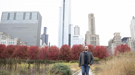 Blues Musician Mike Ledbetter exploring Grant Park in Chicago, Illinois Blues Musician Mike Ledbetter exploring Grant Park in Chicago, Illinois