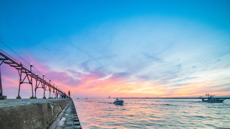 Sunset over a pier in Michigan