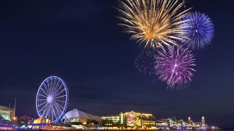 Fireworks lighting up the sky at Navy Pier
