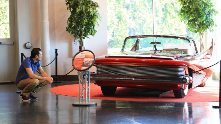 Checking out the details on a vintage car at the Museum of Transportation in St. Louis 