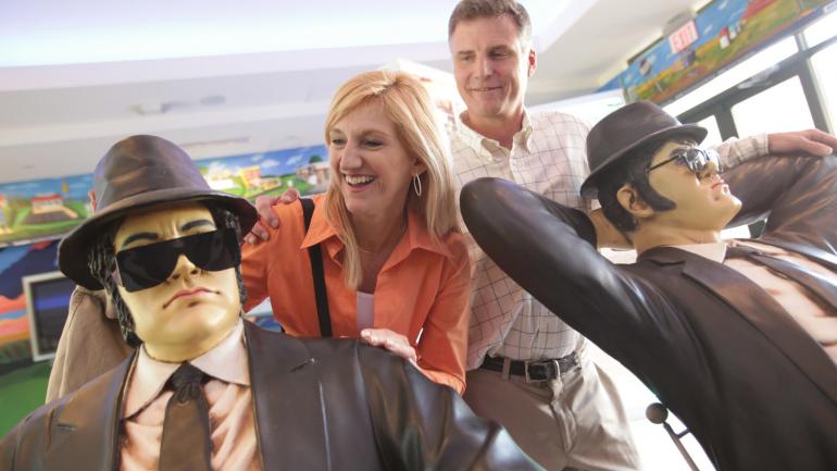 Hanging out with the Blues Brothers statues at the Joliet Area Historical Museum in Illinois