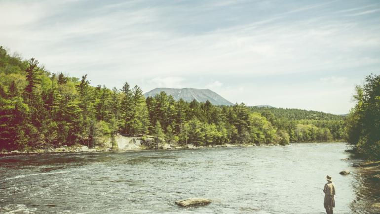 Maine fisherman in the river shallows 