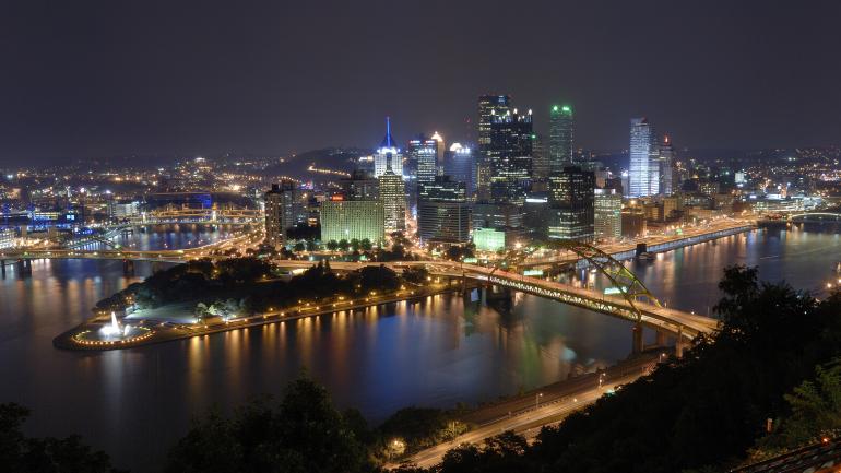 The Pittsburgh skyline aglow at night