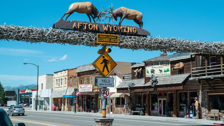 Quaint shops surrounding the world’s largest elkhorn arch in Afton, Wyoming