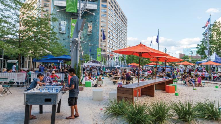 Gathering in Campus Martius Park in downtown Detroit, Michigan 