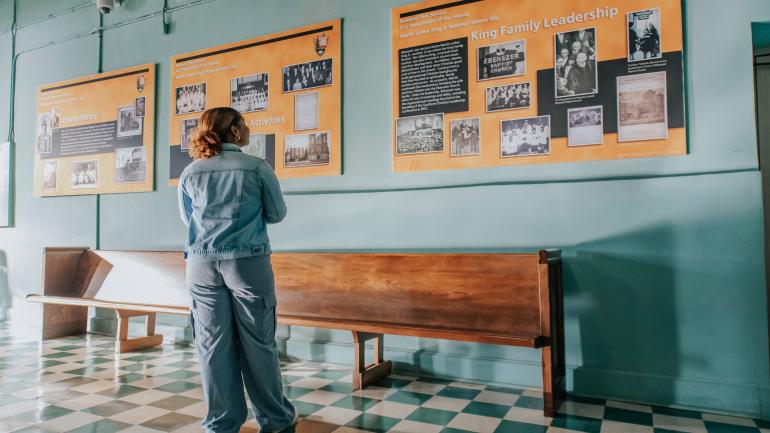 Admiring interpretive exhibits at the Martin Luther King, Jr. Historical Site