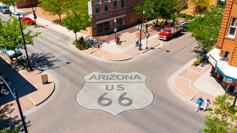 The massive Route 66 shield road mural in Winslow, Arizona