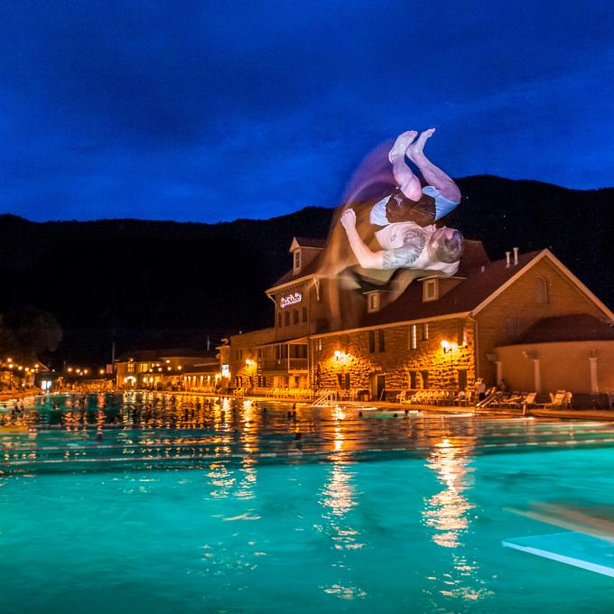 Back flipping into the main pool at Glenwood Hot Springs Resort, the world’s largest mineral hot springs pool