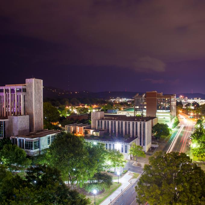 An aerial view of downtown Huntsville at night