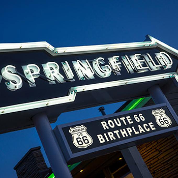 A neon sign recognizing Springfield, Missouri, as the birthplace of Route 66
