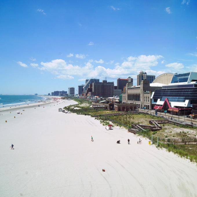 View of Atlantic City’s beach and boardwalk in New Jersey