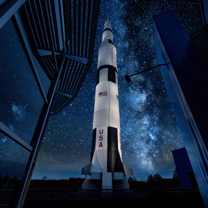 Starry night skies framing the Saturn V rocket in Huntsville, Alabama