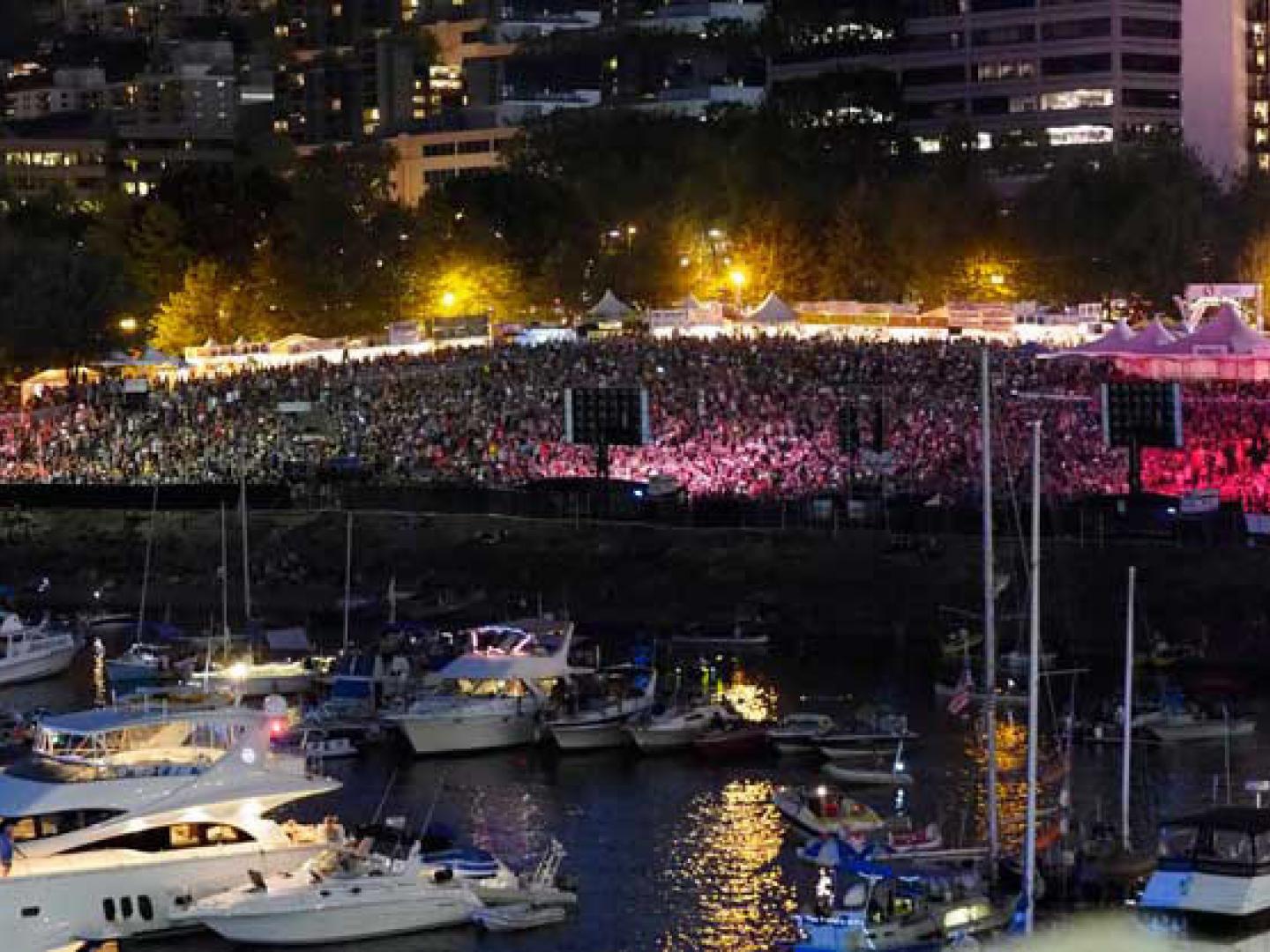 The neon-lit crowd at the Waterfront Blues Festival