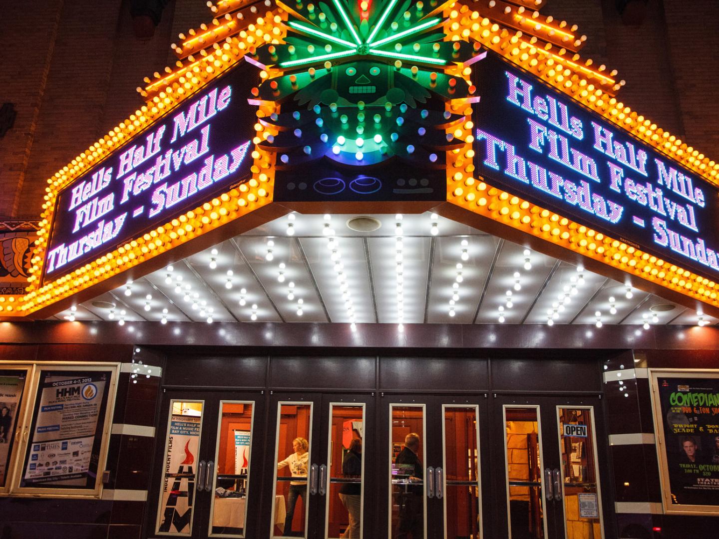 Theater marquee for the Hell’s Half Mile Film & Music Festival 