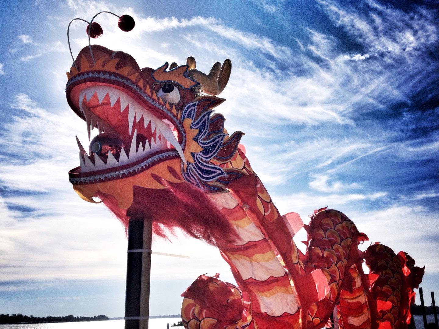 A colorful dragon touches the sky during the Dragon Boat Festival