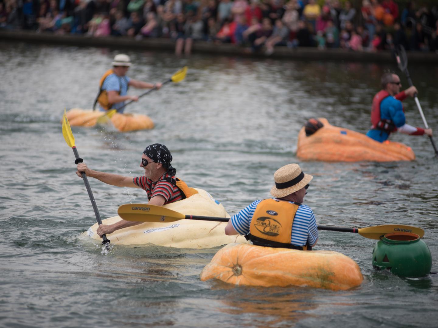 Participantes e suas aboboras na West Coast Giant Pumpkin Regatta em Tualatin, Oregon