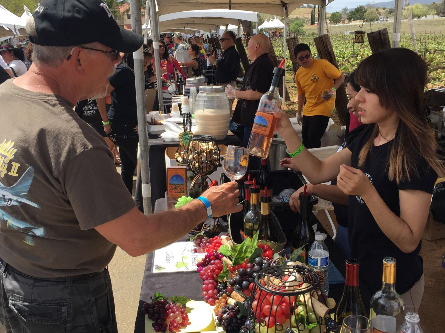 Checking out the booths at the Sierra Pelona Wine Festival at Reyes Winery in Santa Clarita, California 
