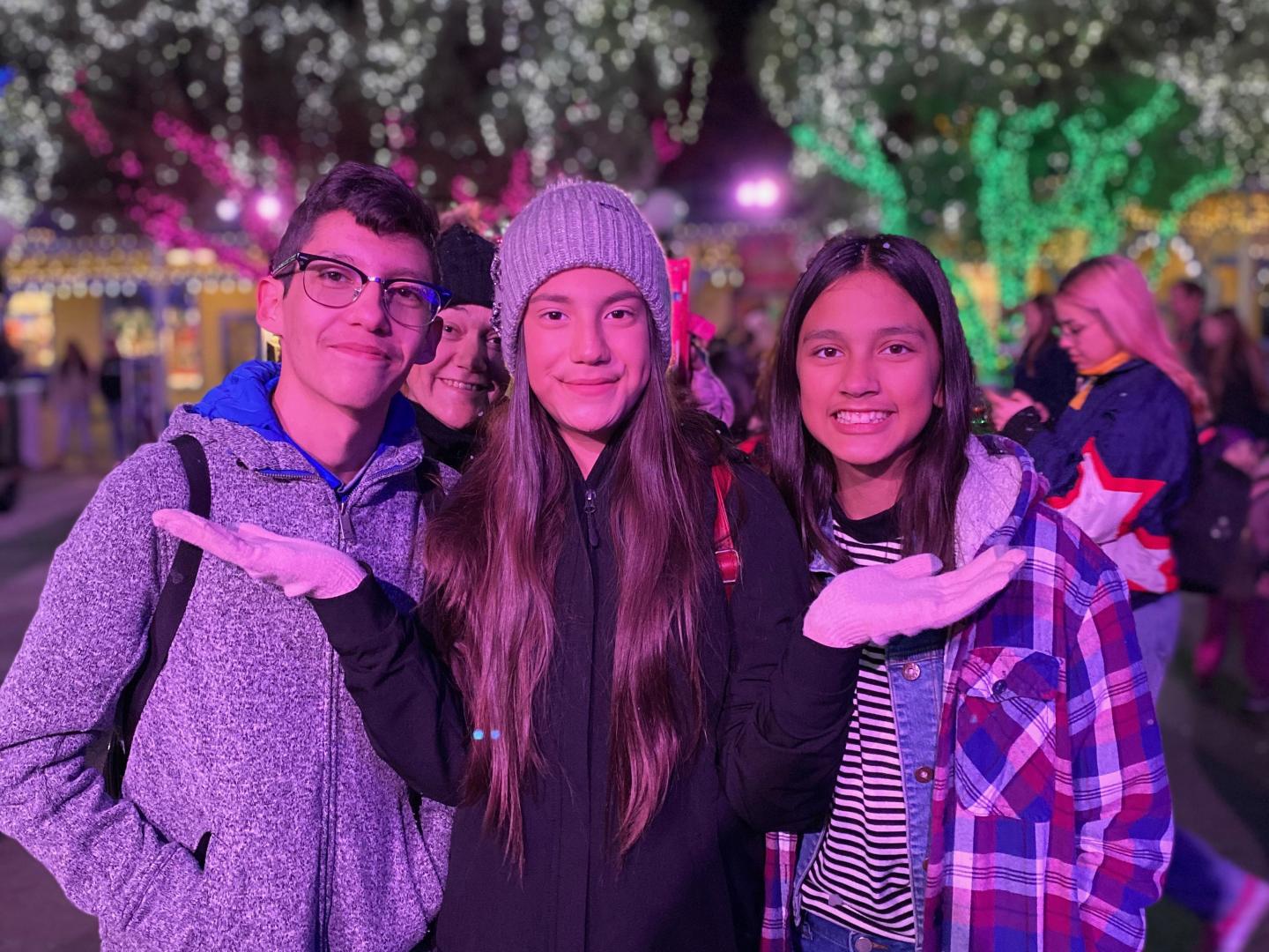 Posing with the lights at Six Flags Magic Mountain’s Holiday in the Park event