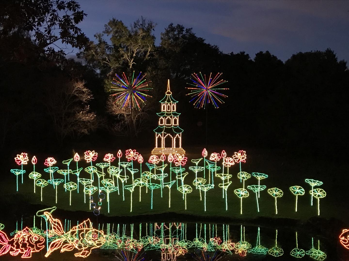 A cheerful holiday display at Magic Christmas in Lights at Bellingrath Gardens & Home in Mobile, Alabama