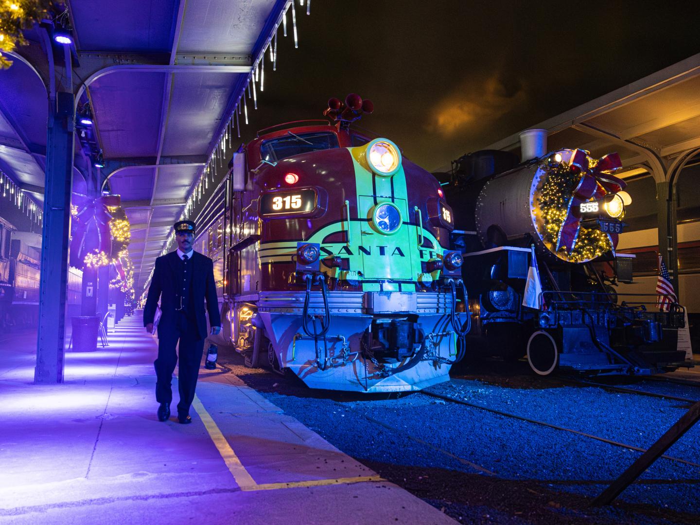 An attendant at the Polar Express Trail Ride Event in Galveston, Texas