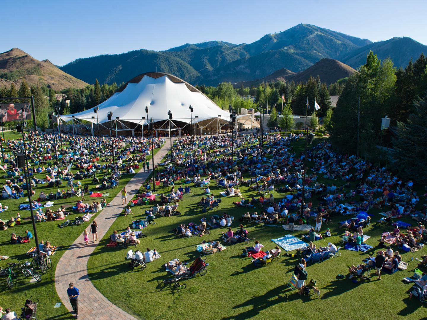 A crowd gathers at Sun Valley Pavillion for a performance during the Sun Valley Summer Music Festival in Sun Valley, Idaho