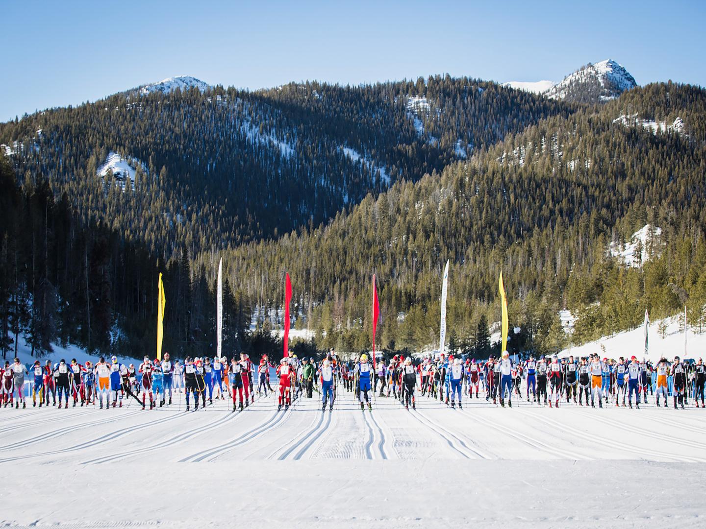 Skiers get ready to compete in the Boulder Mountain Tour in Ketchum, Idaho