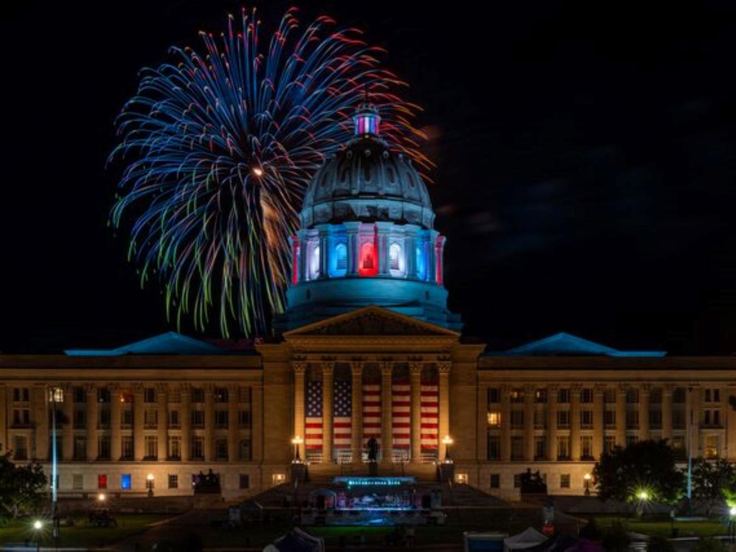Fireworks lighting the night sky above the Missouri State Capitol in Jefferson City, Missouri