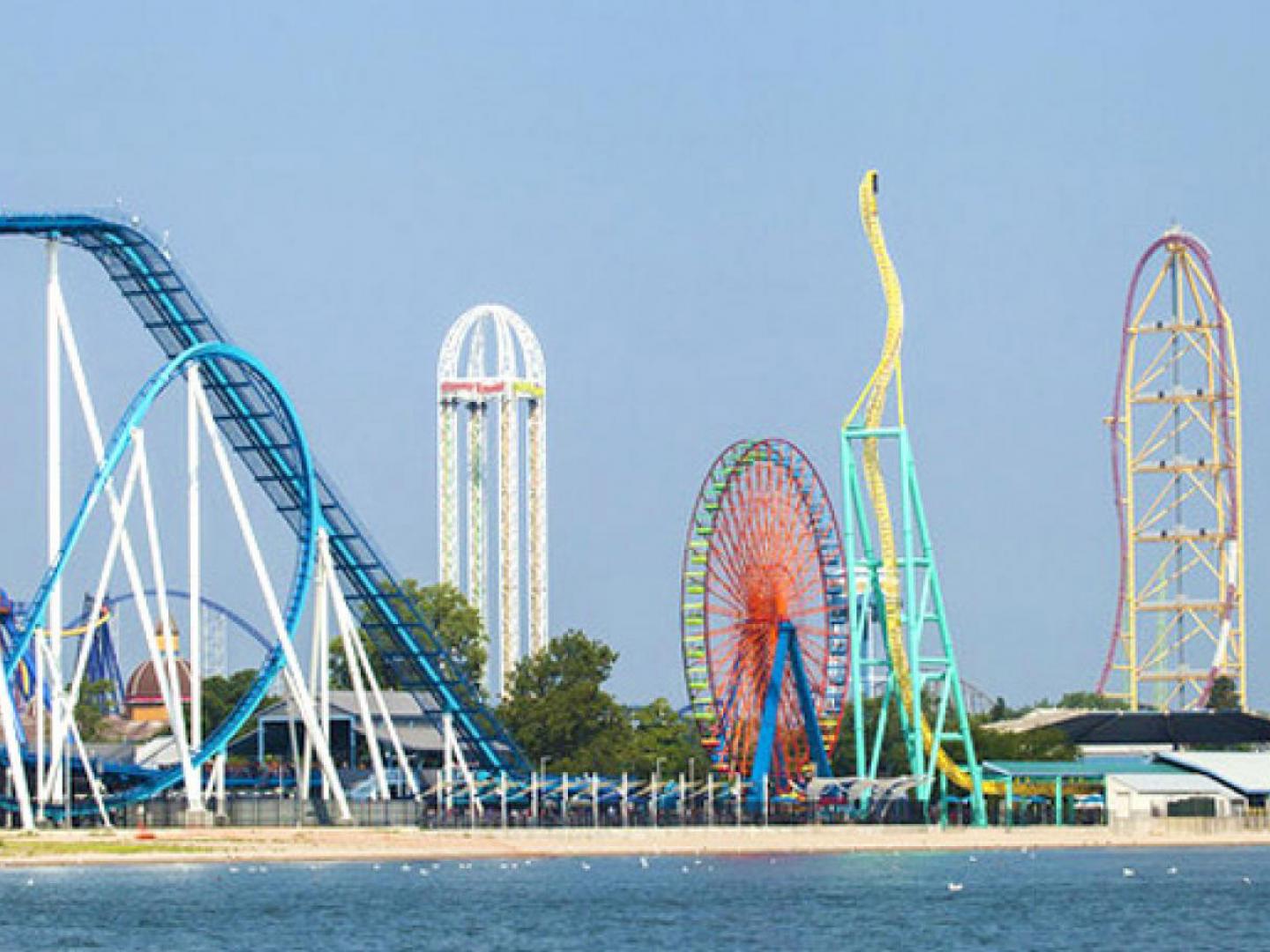 A colorful array of roller coasters at Cedar Point amusement park in Ohio