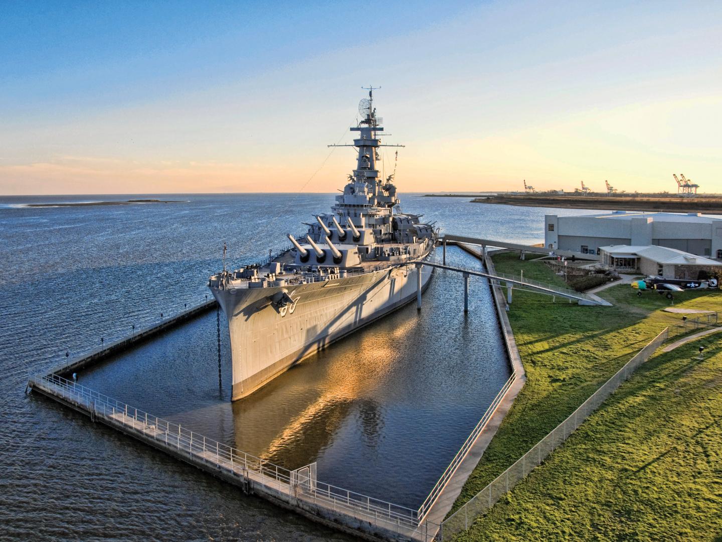 The USS Alabama Battleship Memorial Park in Alabama at sunset