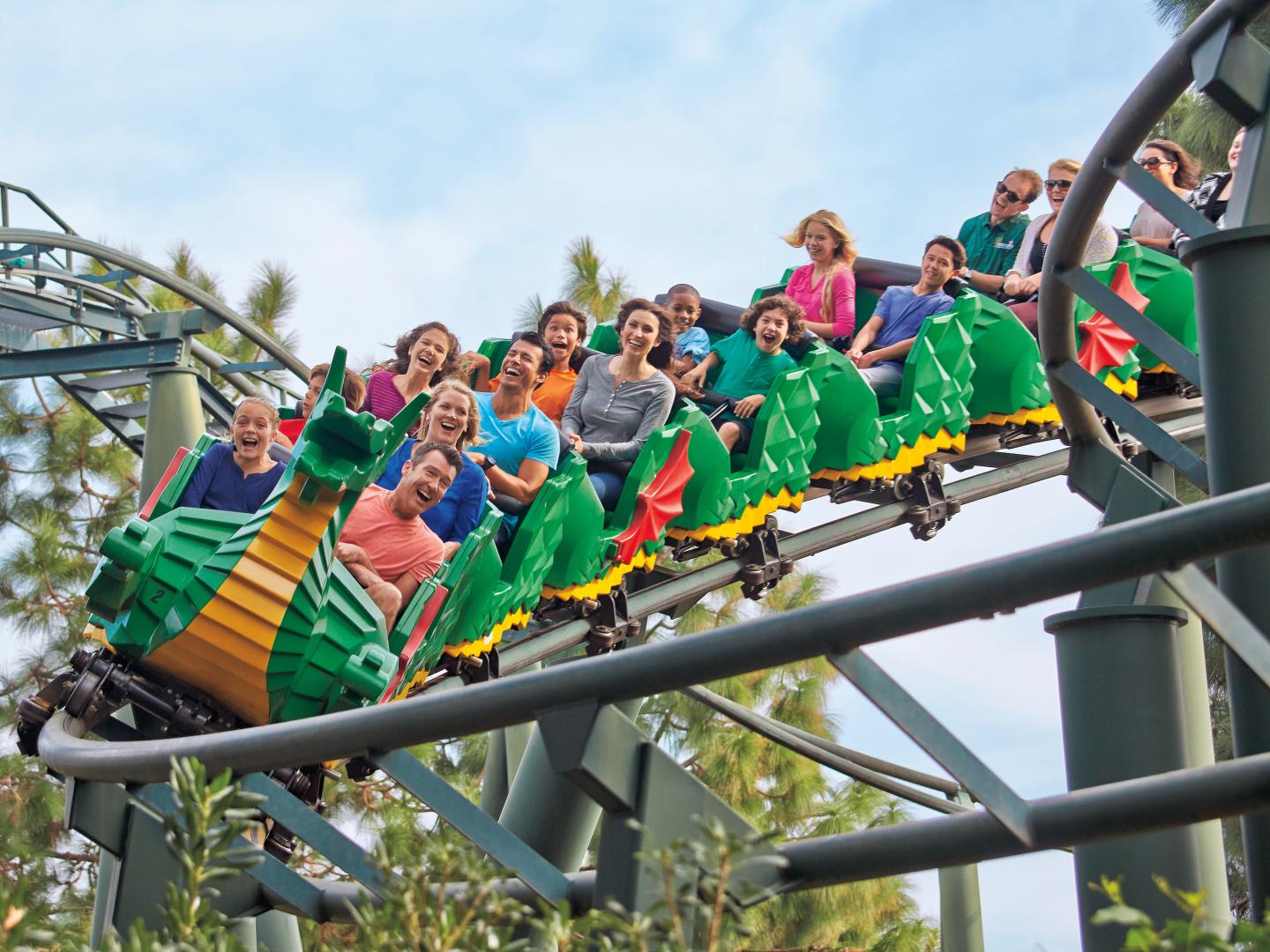 Riding a rollercoaster at LEGOLAND New York Resort in Goshen, New York