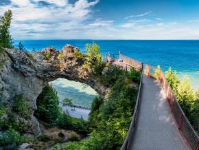 Arch Rock with a lookout over Lake Huron and M-185 highway