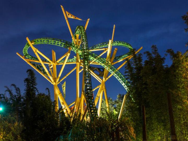 A nighttime view of the Cheetah Hunt rollercoaster at Busch Gardens Tampa Bay