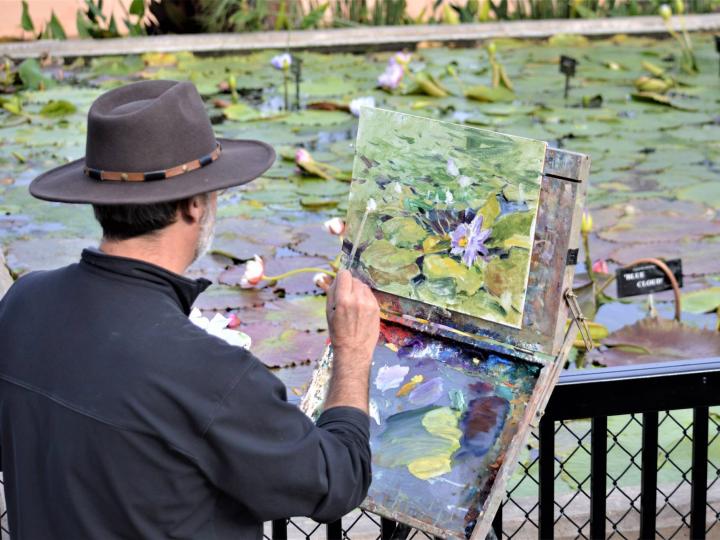 Un artista pintando los lirios de agua en el Civic League Park durante la EnPleinAirTEXAS National Competition & Cinch Roping Fiesta en Texas