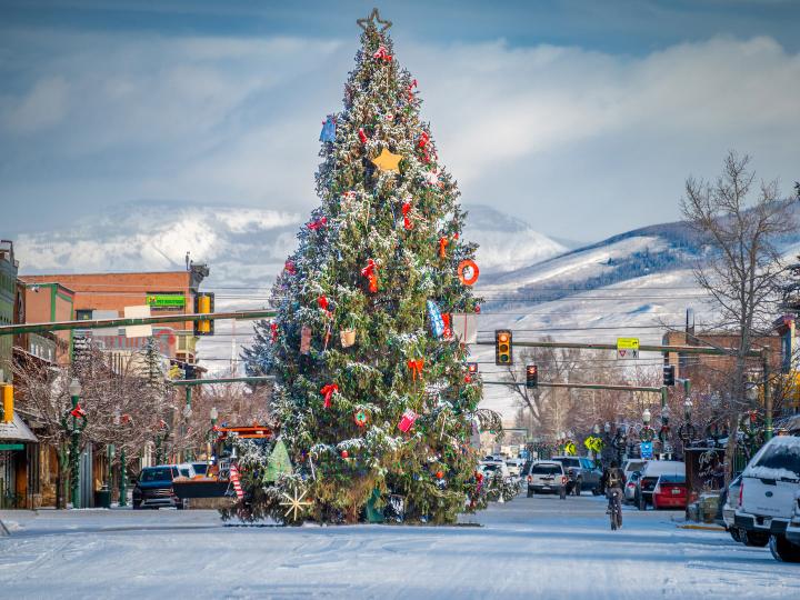 Decoraciones festivas durante la Night of Lights anual en Gunnison, Colorado