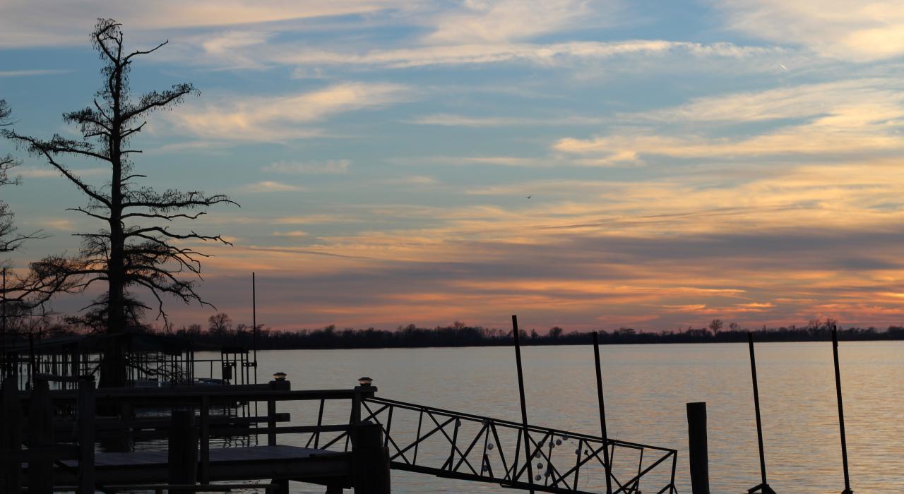 Sunset over the water in Clarksdale, Mississippi