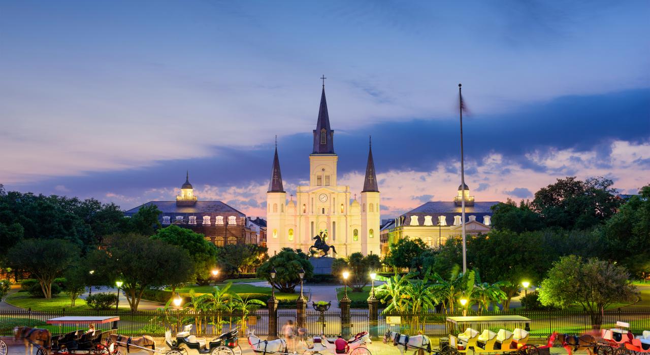 Dusk falls over Jackson Square and St. Louis Cathedral