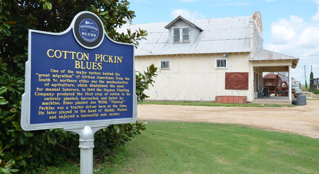 Mississippi Blues Trail marker at the historic Hopson Plantation Commissary in Clarksdale
