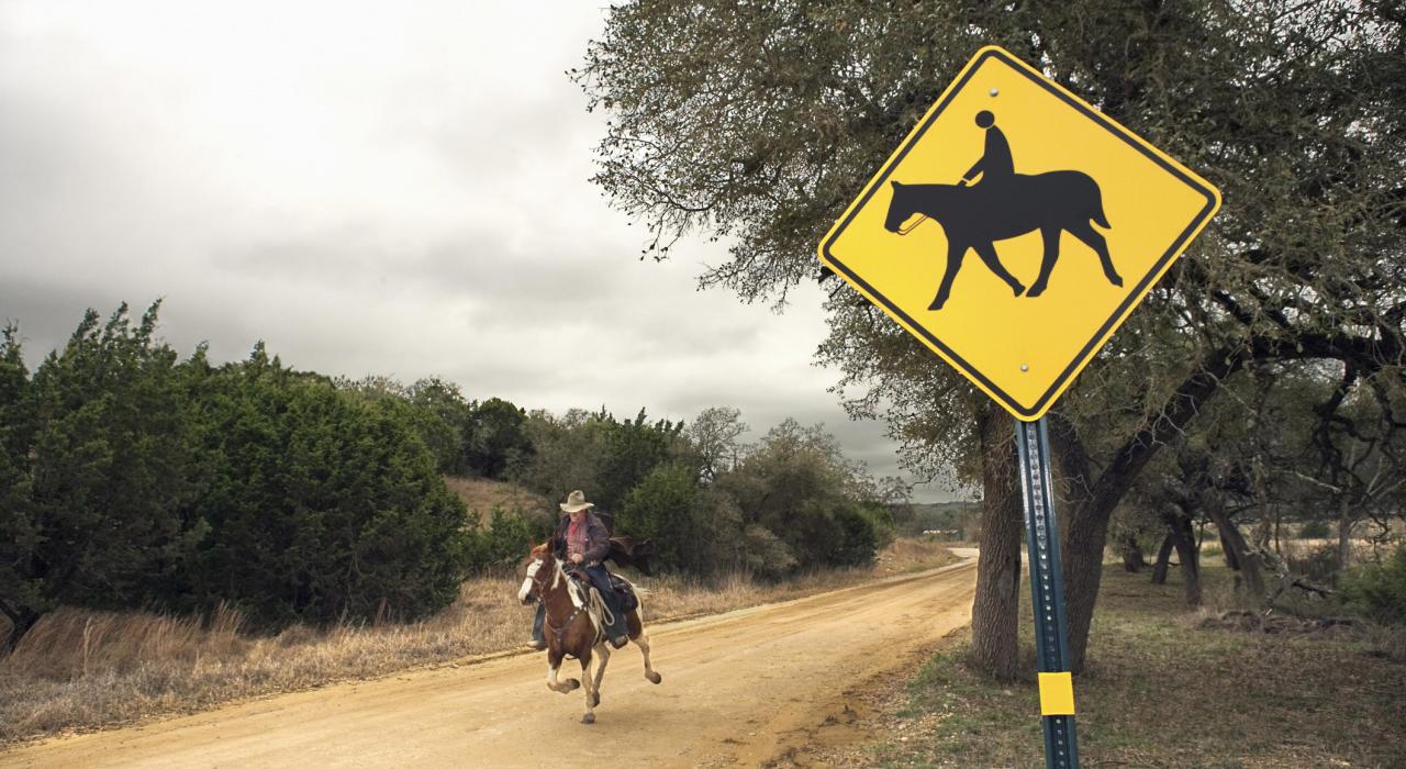 A cowboy gallops through a dude ranch on his horse