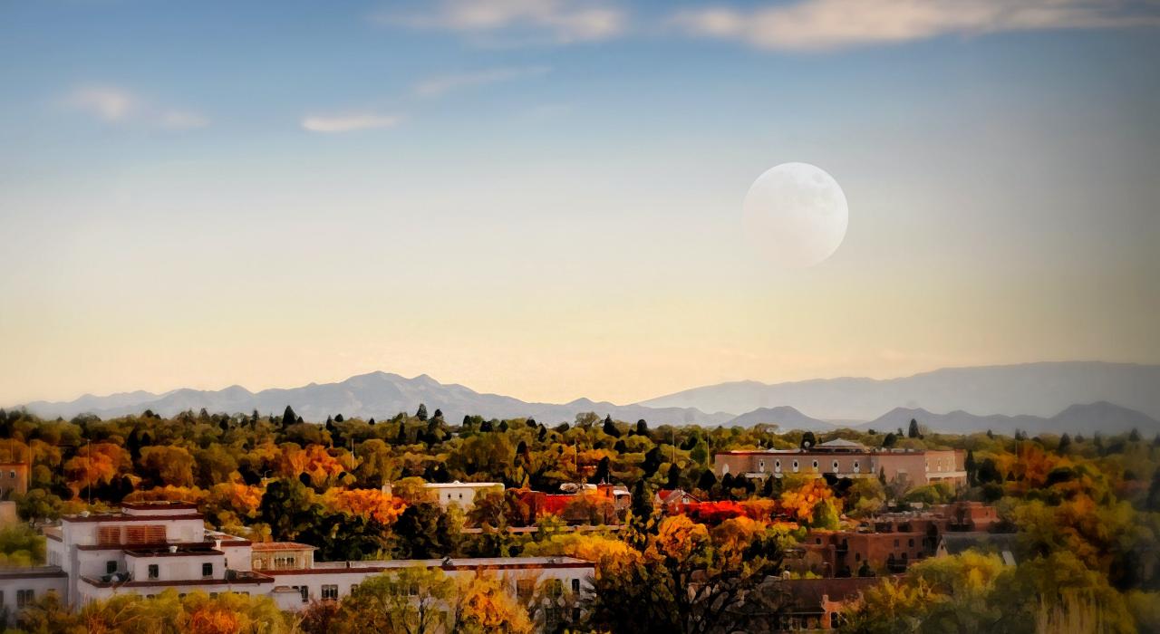 Full moon over the Santa Fe skyline
