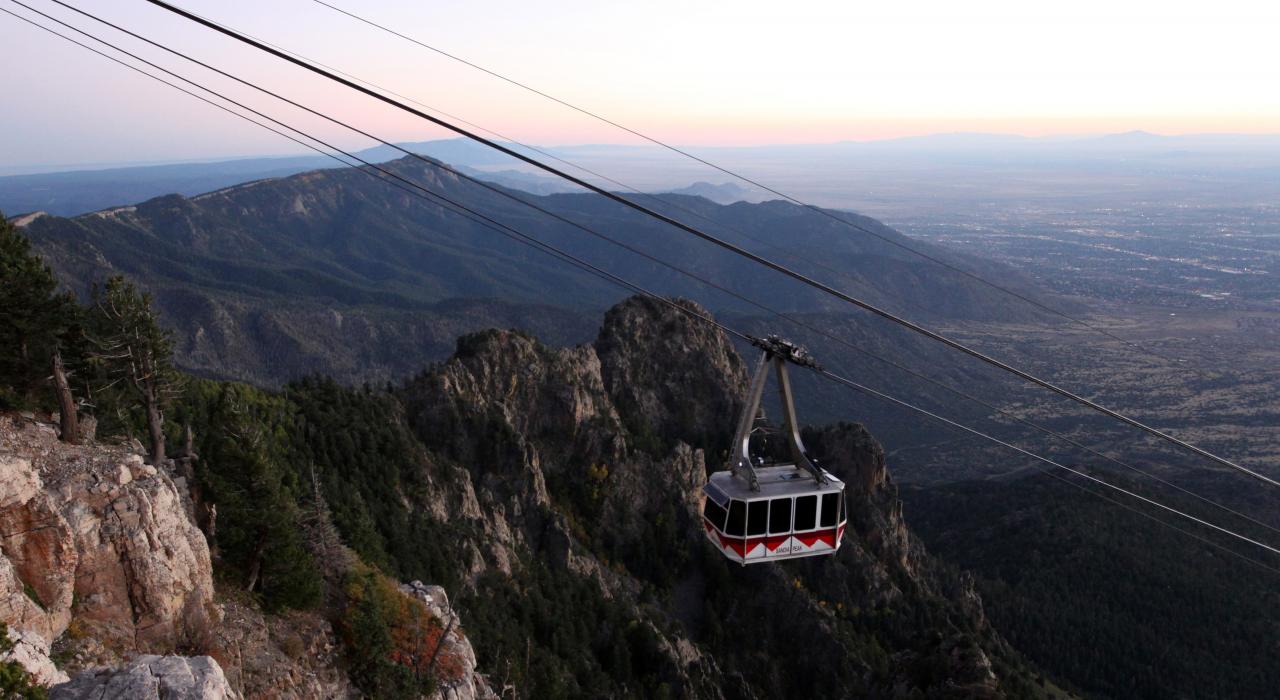 View of the Sandia Tram as it climbs up the steep mountainside