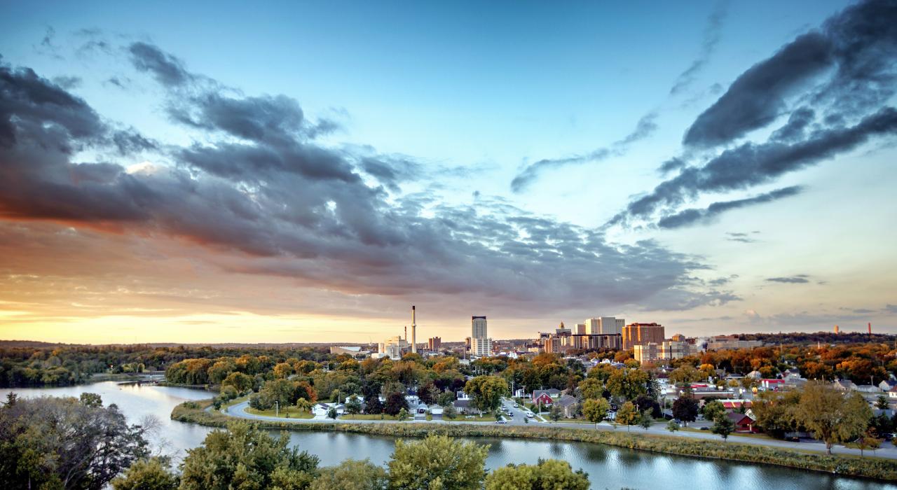 The Rochester skyline at sunrise