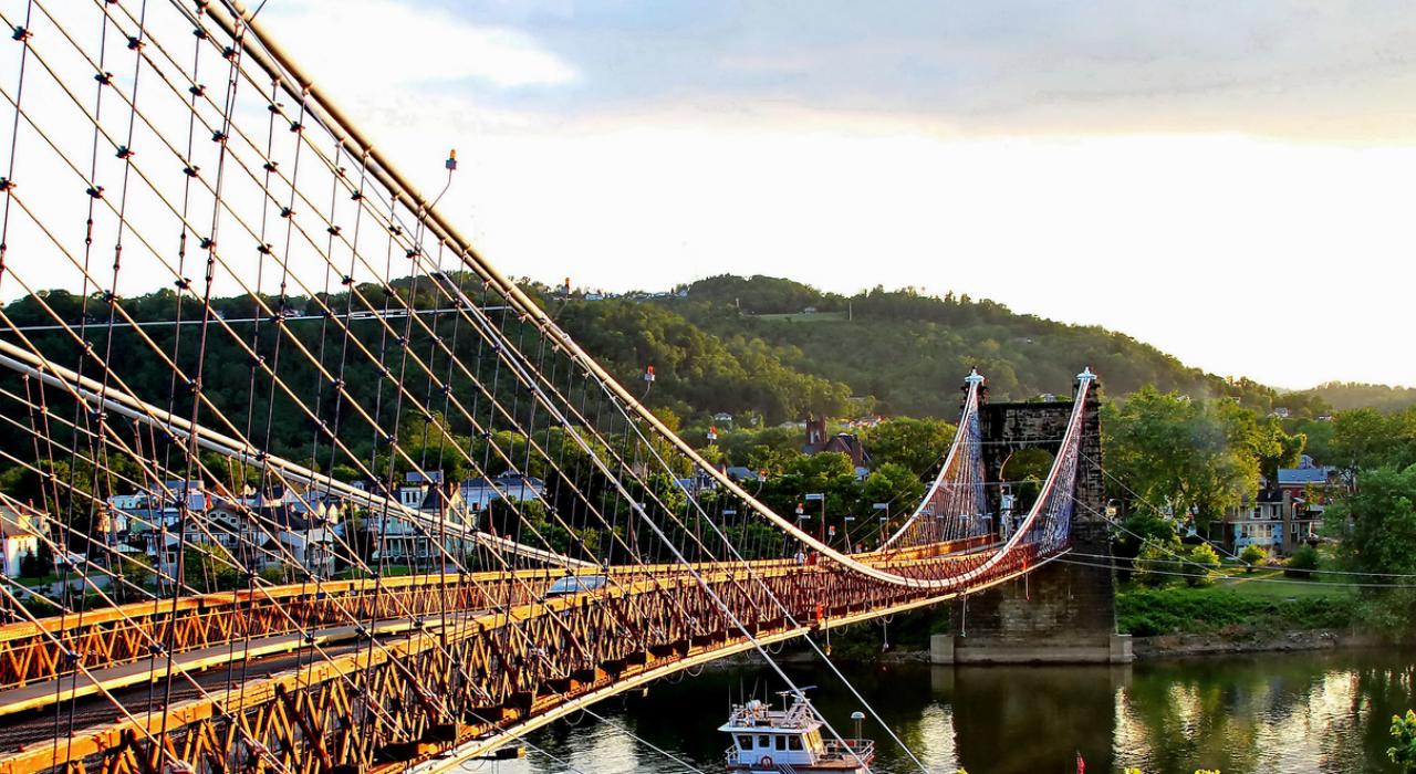 The historic Wheeling Suspension Bridge, built in 1849, over the Ohio River