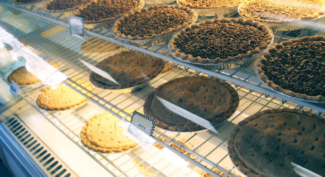 Delicious pies in the case at Lea’s Lunch Room